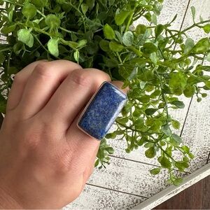 Lapis Lazuli Dark Blue Rectangle Large Statement Ring 8 Sterling Silver Plated